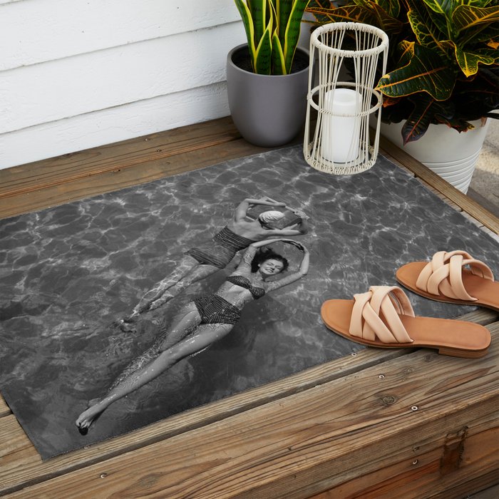 Vintage 1948 women swimming fashion photoshoot fun in the summertime black and white photographic art print Outdoor Rug Gallery Image 2