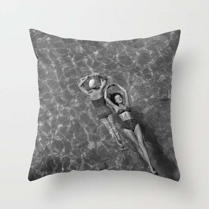 Vintage 1948 women swimming fashion photoshoot fun in the summertime black and white photographic art print Throw Pillow Gallery Image 6