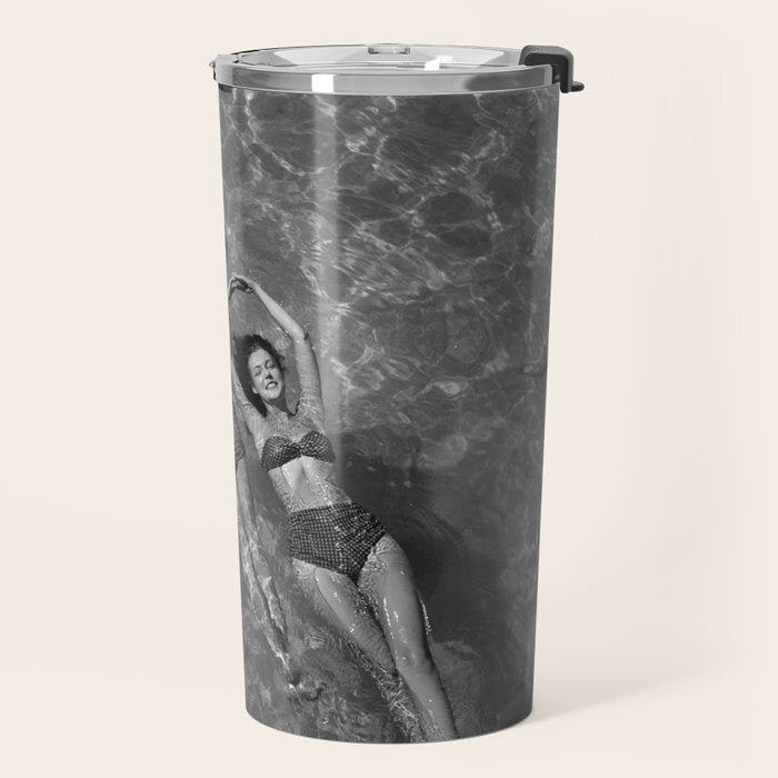 Vintage 1948 women swimming fashion photoshoot fun in the summertime black and white photographic art print Travel Mug Gallery Image 2