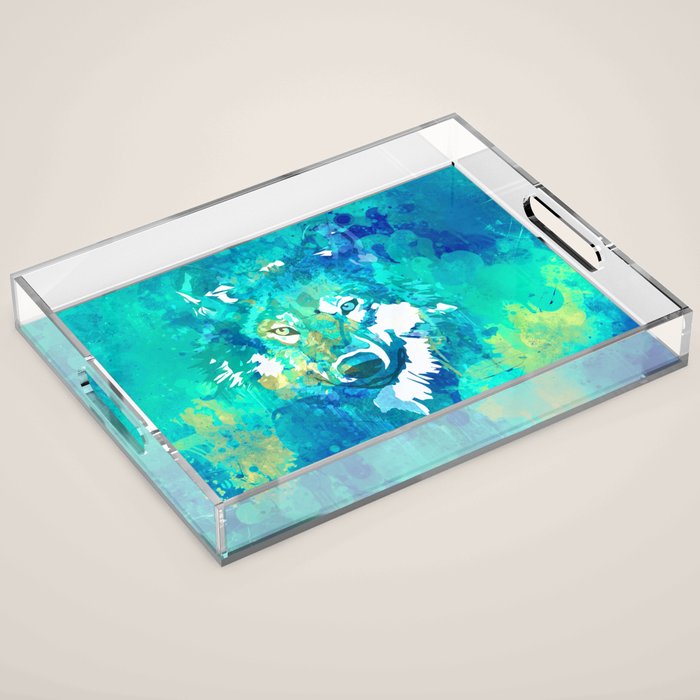 Teal yellow hand painted watercolor wolf Acrylic Tray Gallery Image 1