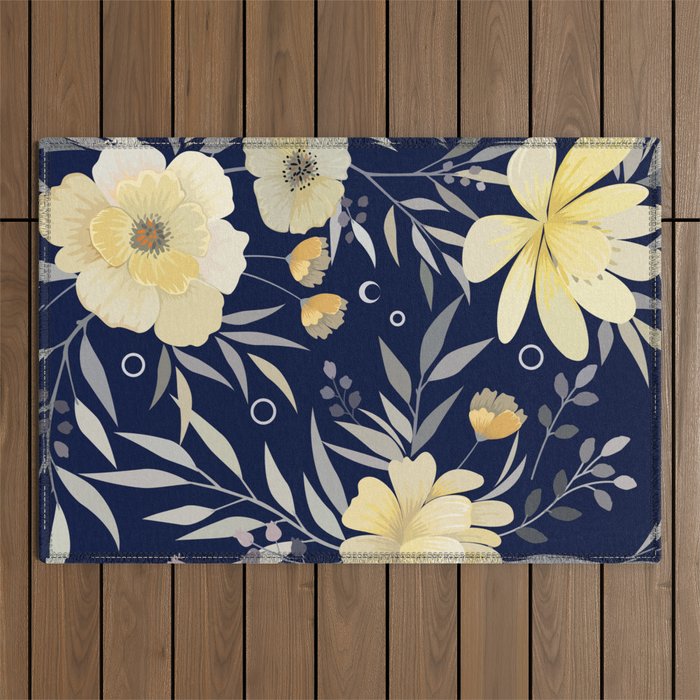Modern, Boho, Floral Prints, Blue and Yellow Outdoor Rug Gallery Image 1