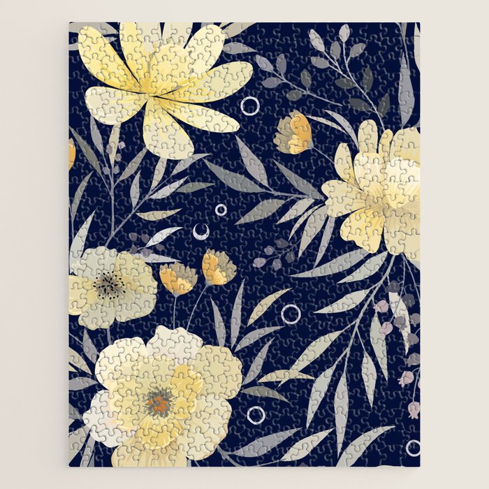 Modern, Boho, Floral Prints, Blue and Yellow Jigsaw Puzzle Gallery Image 1