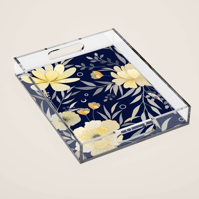 Modern, Boho, Floral Prints, Blue and Yellow Acrylic Tray Gallery Image 1