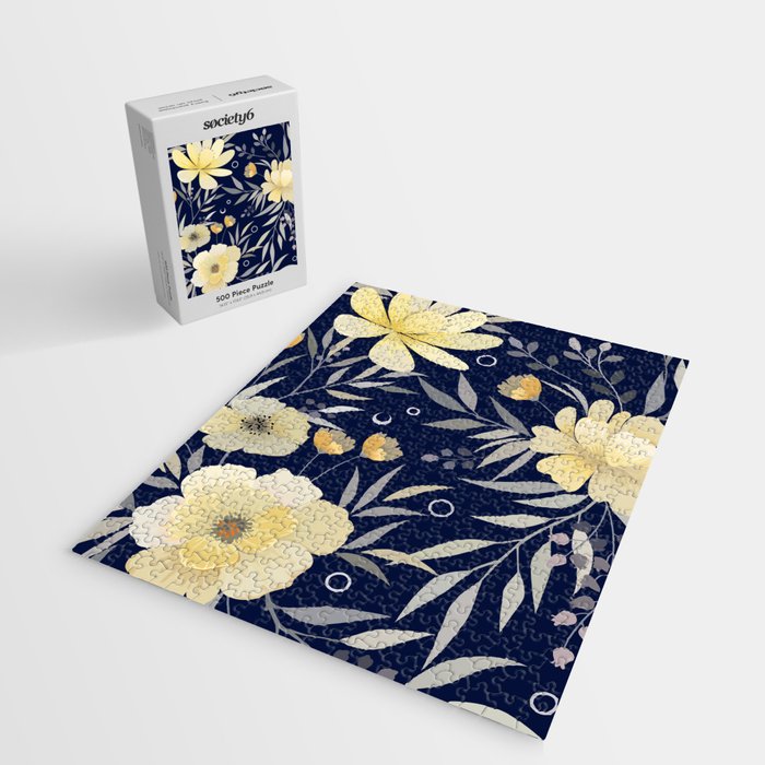 Modern, Boho, Floral Prints, Blue and Yellow Jigsaw Puzzle Gallery Image 2