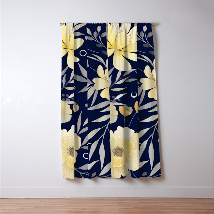 Modern, Boho, Floral Prints, Blue and Yellow Window Curtain Gallery Image 3