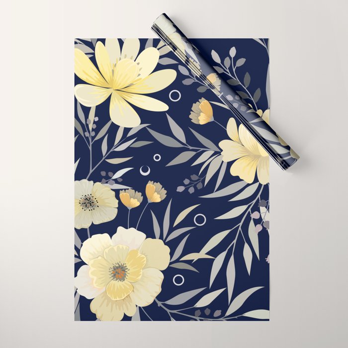 Modern, Boho, Floral Prints, Blue and Yellow Wrapping Paper Gallery Image 1