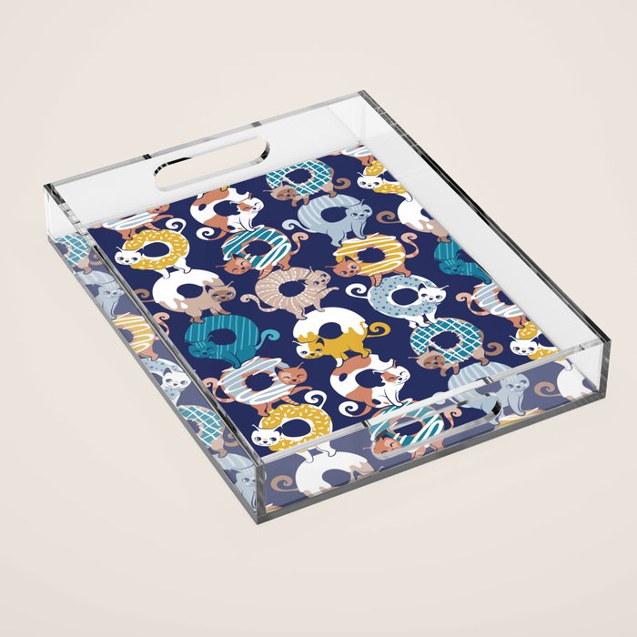 Cats Donut Care // blue background goldenrod yellow mustard, teal pastel blue and brown sweet kitties Acrylic Tray Gallery Image 1