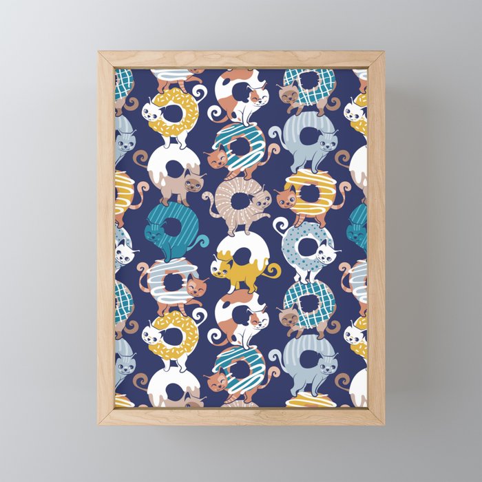 Cats Donut Care // blue background goldenrod yellow mustard, teal pastel blue and brown sweet kitties Mini Art Print Gallery Image 1
