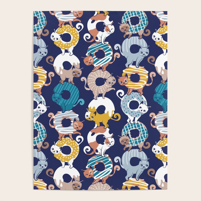 Cats Donut Care // blue background goldenrod yellow mustard, teal pastel blue and brown sweet kitties Poster Gallery Image 1