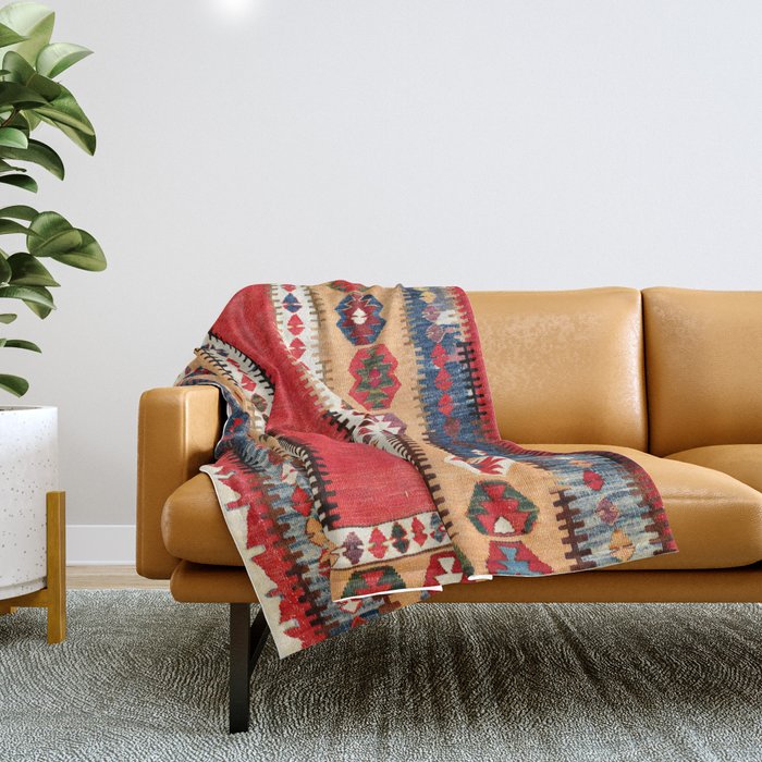 Obruk  Antique Konya Turkish Kilim Print Throw Blanket Gallery Image 1