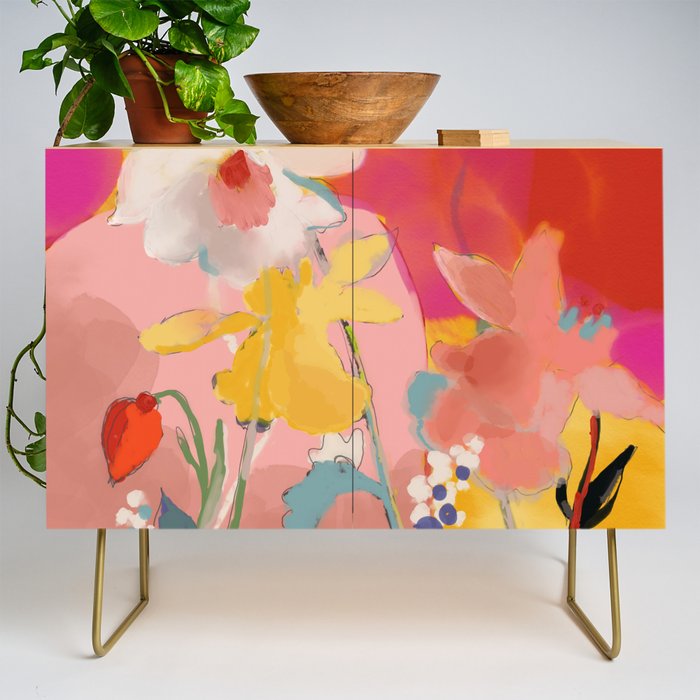 blooming abstract pink Credenza Gallery Image 1