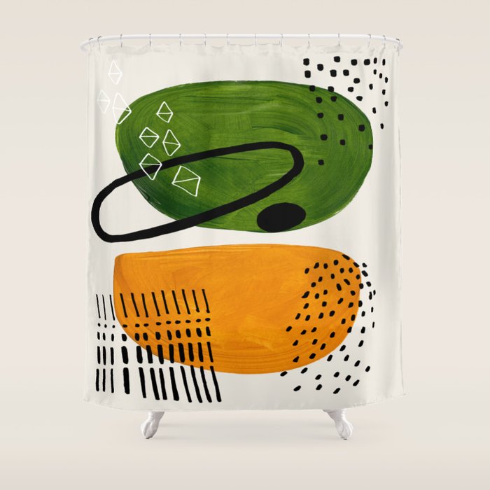 Mid Century Modern Abstract Colorful Art Patterns Olive Green Yellow Ochre Orbit Geometric Objects Shower Curtain Gallery Image 1