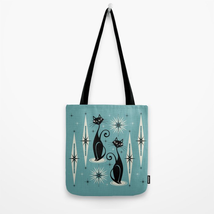 Mid Century Meow Retro Atomic Cats on Blue Tote Bag Gallery Image 2