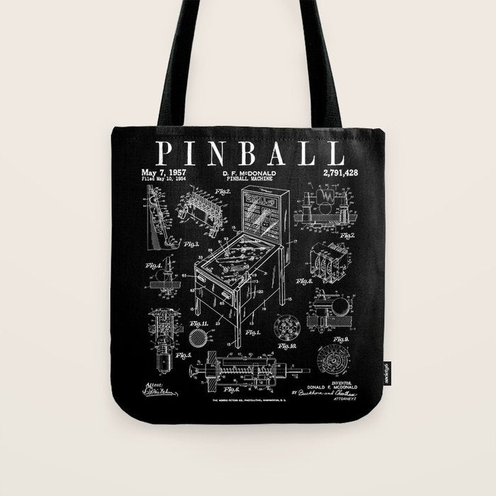 Pinball Arcade Gaming Machine Vintage Gamer Patent Print Tote Bag Gallery Image 1