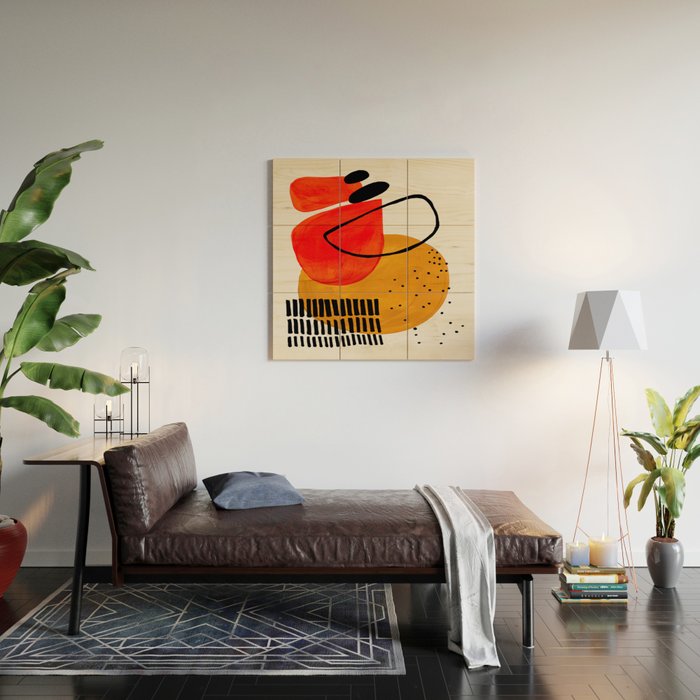 Mid Century Modern Abstract Colorful Art Yellow Ball Orange Shapes Orbit Black Pattern Wood Wall Art Gallery Image 2