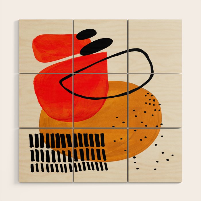 Mid Century Modern Abstract Colorful Art Yellow Ball Orange Shapes Orbit Black Pattern Wood Wall Art Gallery Image 1