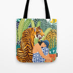 Awaken The Tiger Within Illustration, Wildlife Nature Wall Decor, Jungle Human Nature Connection Tote Bag Gallery Image 1