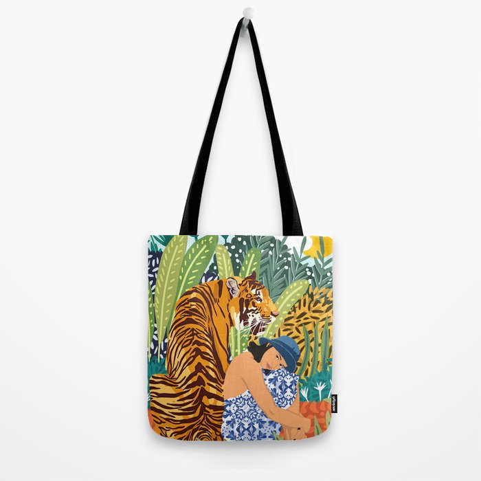Awaken The Tiger Within Illustration, Wildlife Nature Wall Decor, Jungle Human Nature Connection Tote Bag Gallery Image 2