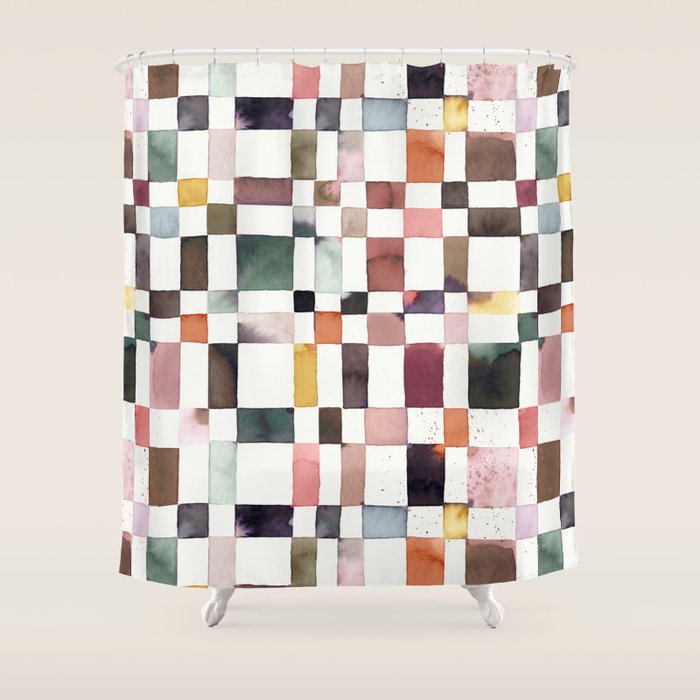 Watercolor Fall Checker Rustic Earthy Shower Curtain Gallery Image 1