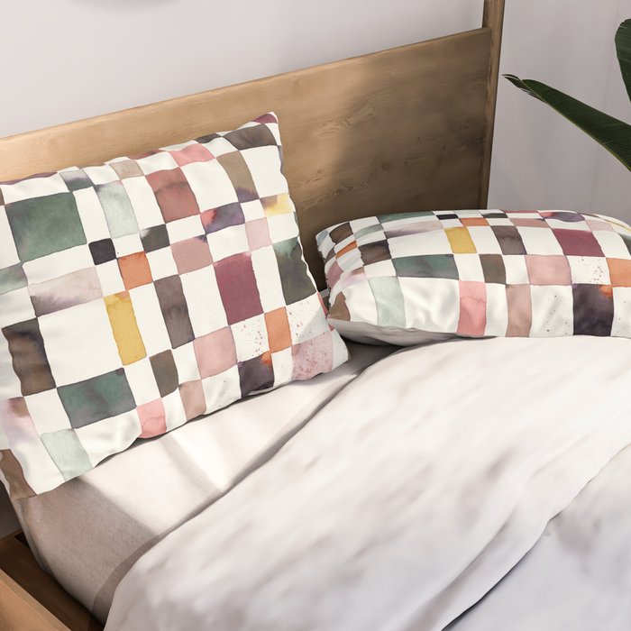 Watercolor Fall Checker Rustic Earthy Pillow Sham Gallery Image 2