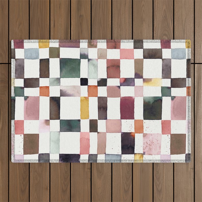 Watercolor Fall Checker Rustic Earthy Outdoor Rug Gallery Image 1