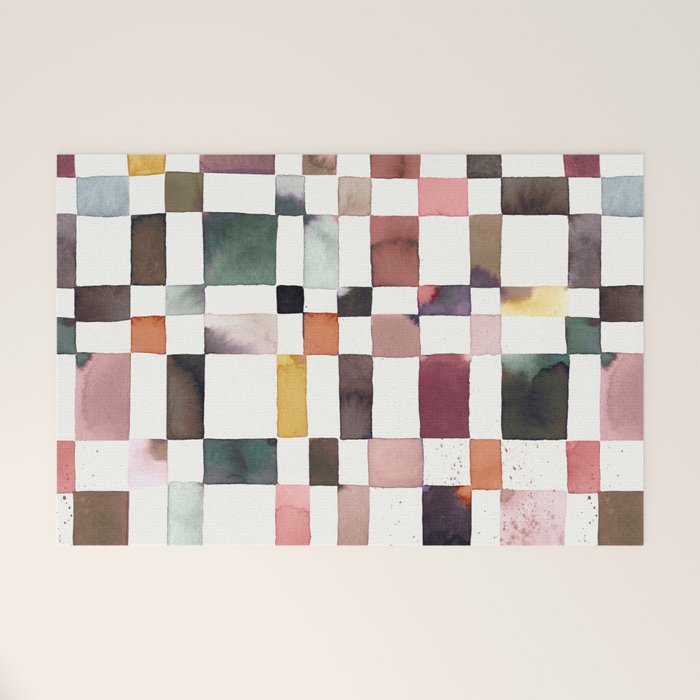 Watercolor Fall Checker Rustic Earthy Welcome Mat Gallery Image 1