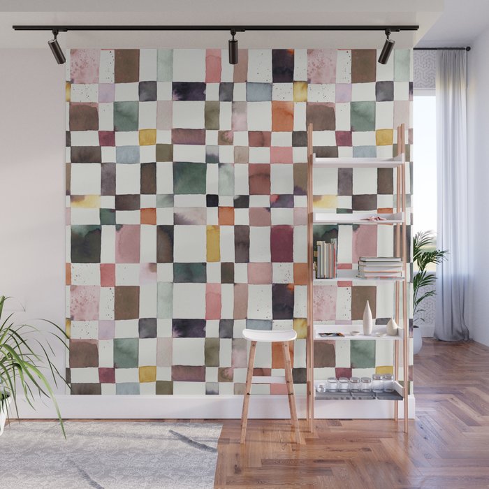 Watercolor Fall Checker Rustic Earthy Wall Mural Gallery Image 1