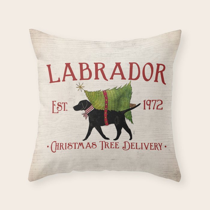 Lab Black Labrador dog tree farm delivery christmas art Throw Pillow Gallery Image 6