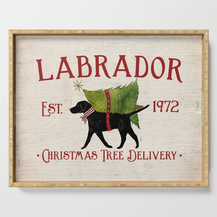 Lab Black Labrador dog tree farm delivery christmas art Serving Tray Gallery Image 1