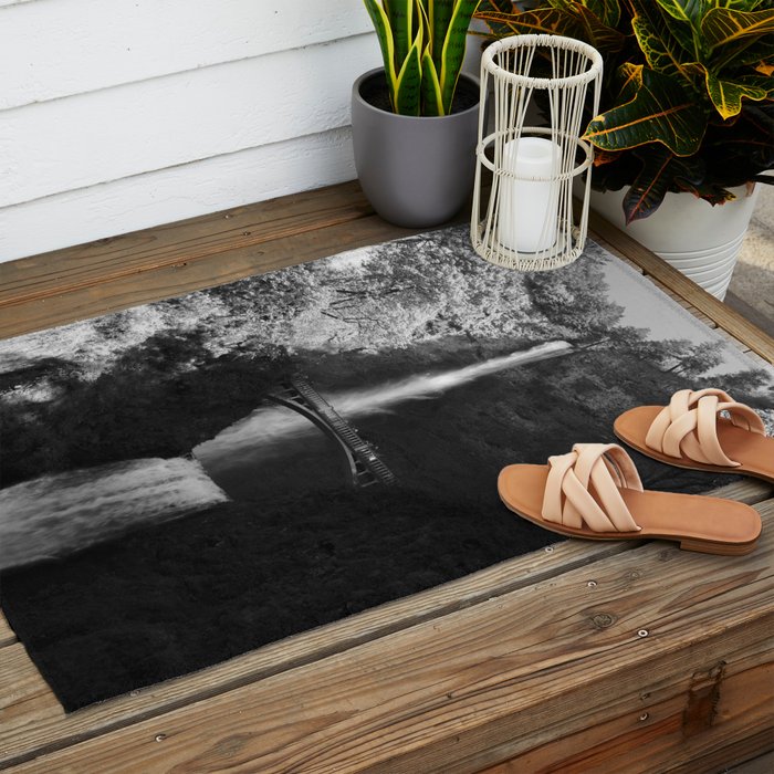 Multnomah Falls Oregon Waterfall Black and White Outdoor Rug Gallery Image 2