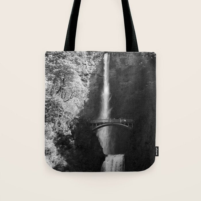 Multnomah Falls Oregon Waterfall Black and White Tote Bag Gallery Image 1
