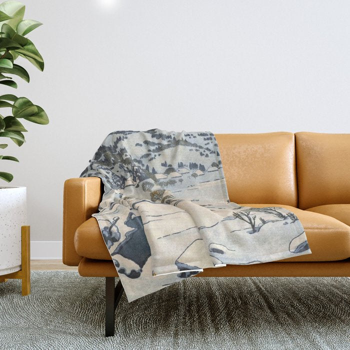 Snow Country Antique Japanese Woodblock Print Throw Blanket Gallery Image 1