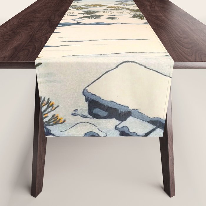 Snow Country Antique Japanese Woodblock Print Table Runner