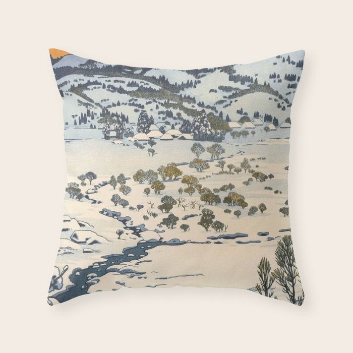 Snow Country Antique Japanese Woodblock Print Throw Pillow Gallery Image 1