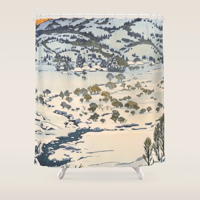 Snow Country Antique Japanese Woodblock Print Shower Curtain Gallery Image 1