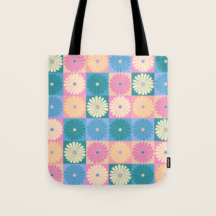 Retro Flowers Check Pattern XXIII Tote Bag Gallery Image 1