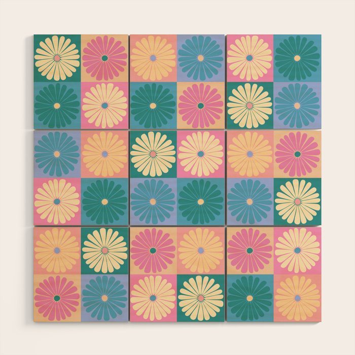 Retro Flowers Check Pattern XXIII Wood Wall Art Gallery Image 1