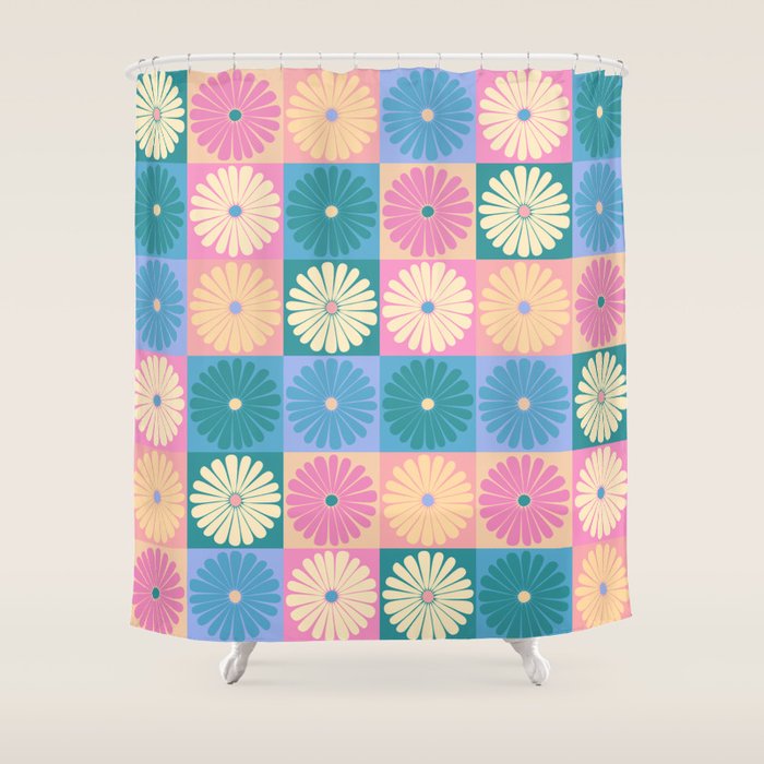 Retro Flowers Check Pattern XXIII Shower Curtain Gallery Image 1