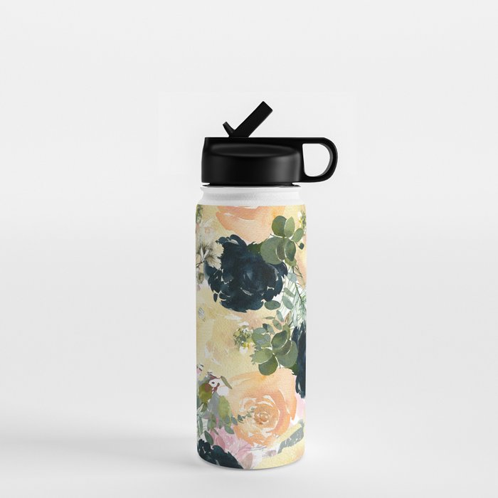 Watercolor navy blue ivory orange pink green floral Water Bottle Gallery Image 1