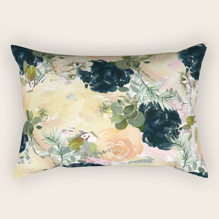 Watercolor navy blue ivory orange pink green floral Rectangular Pillow Gallery Image 2