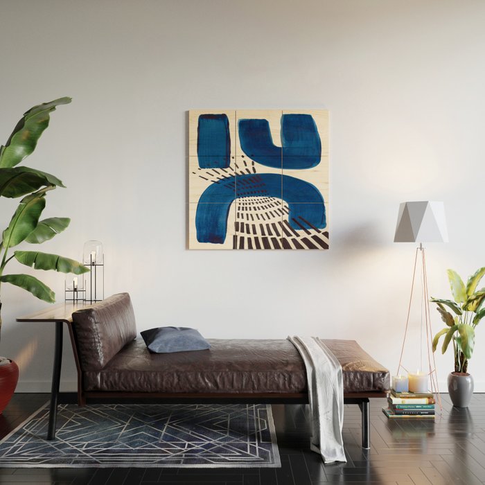 Abstract Expressionism Mid Century Modern Acrylic Painting Minimalist Art Navy Blue Black Line Patte Wood Wall Art Gallery Image 2