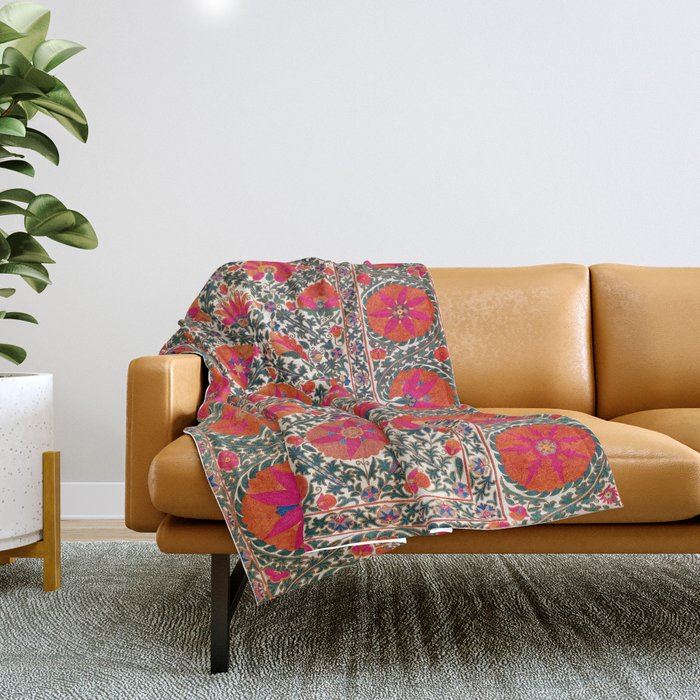 Kermina Suzani Uzbekistan Colorful Embroidery Print Throw Blanket Gallery Image 1