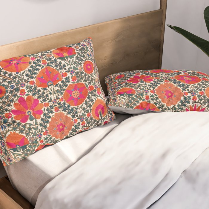 Kermina Suzani Uzbekistan Colorful Embroidery Print Pillow Sham Gallery Image 2