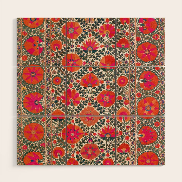 Kermina Suzani Uzbekistan Colorful Embroidery Print Wood Wall Art Gallery Image 1