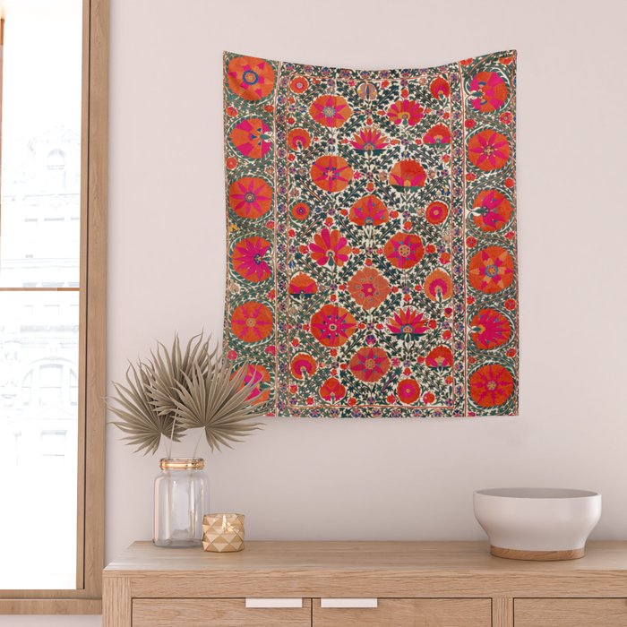 Kermina Suzani Uzbekistan Colorful Embroidery Print Wall Tapestry Gallery Image 2