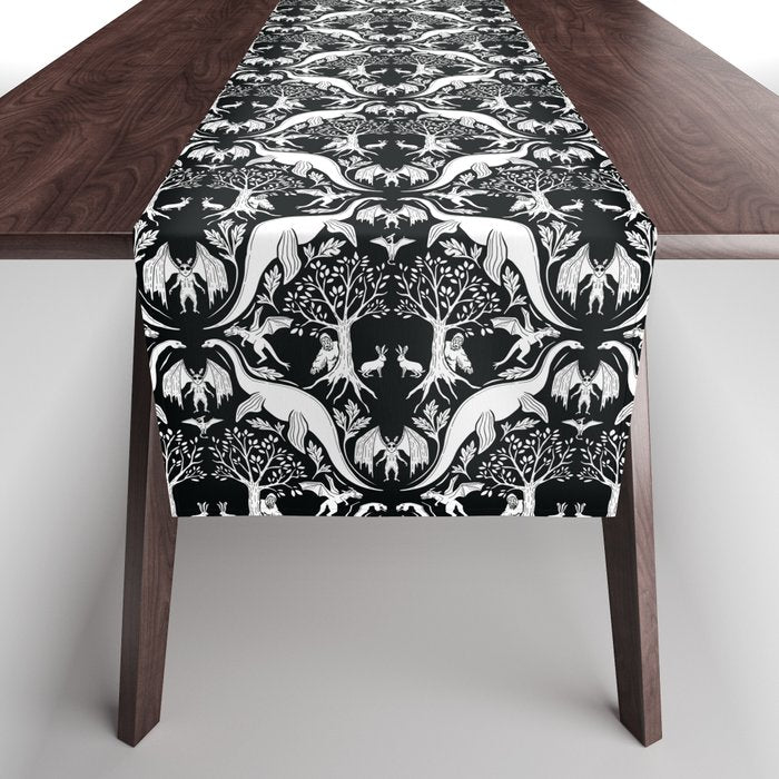 Black & White Cryptid Damask Table Runner Gallery Image 1