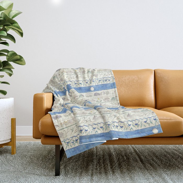 Asiatic dayflowers and rabbits Throw Blanket Gallery Image 1