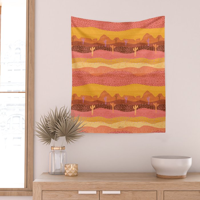 Vintage Western Desert Landscape in Golden Sunrise & Peach Wall Tapestry Gallery Image 2