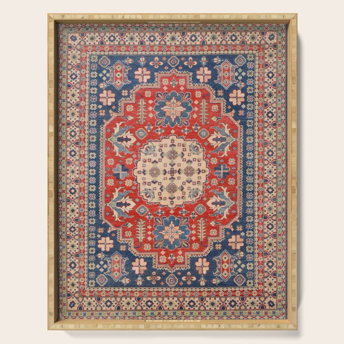 Red And Blue Madallion Kazak Handmade Rug Serving Tray Gallery Image 1
