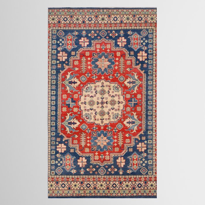 Red And Blue Madallion Kazak Handmade Rug Tablecloth Gallery Image 2
